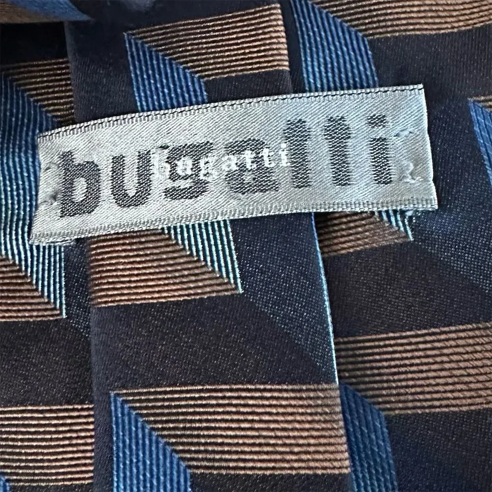 Bugatti Men's Silk Tie‎ Blue Brown Chevron Geometric Pattern USA